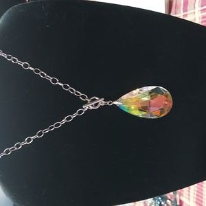 Silver tone ab tear shape crystal pendant, toggle clasp